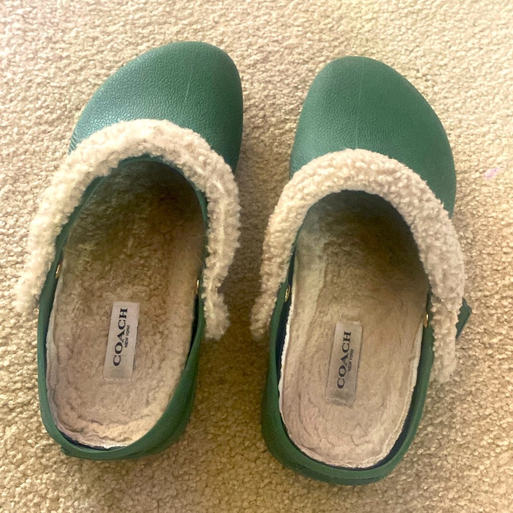 Super comfy slide in coach green with beige fur
